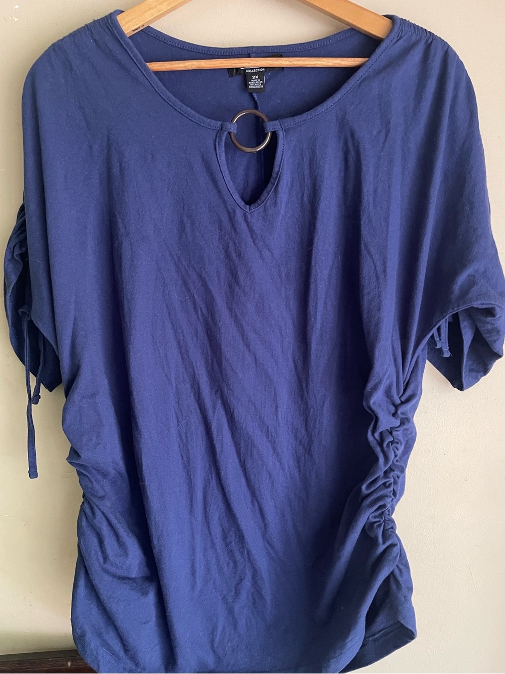 Rouge Plus Size 2X Navy Blue O-Ring Keyhole Ruched Top Tie Sleeves